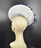 White Sinamay Fascinator Hat: Navy Feather Flower, Rhinestone Derby Hat