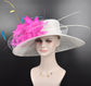 Wide Brim Sinamay Derby Hat: Fuchsia Feather Flower, Adjustable