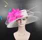 Wide Brim Sinamay Derby Hat: Fuchsia Feather Flower, Adjustable
