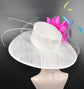 Wide Brim Sinamay Derby Hat: Fuchsia Feather Flower, Adjustable
