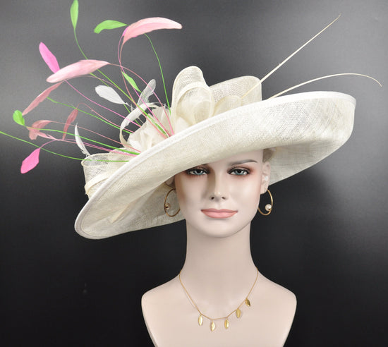 Wide Brim Sinamay Hat, Kentucky Derby Hat, Church hat, Tea Party Hat, Custom hat, Formal Hat, Fashion Hat Ivory/off White  Oaks Day Hat