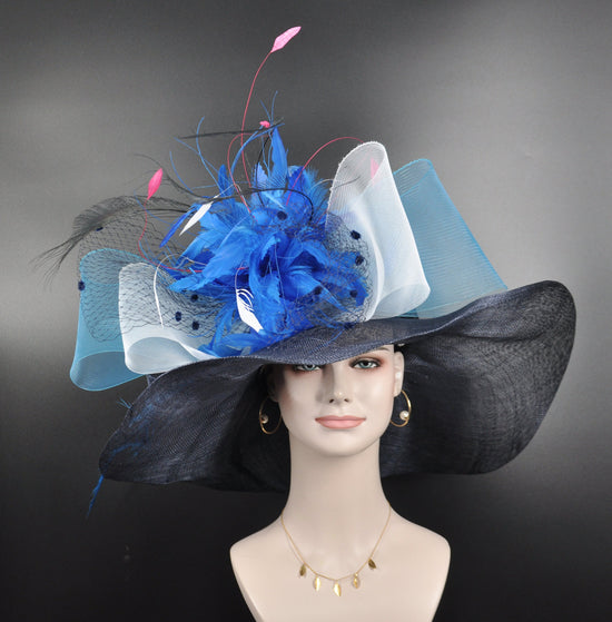 Wide Brim Navy Sinamay Kentucky Derby Hat, Teal Blue Feather Flower