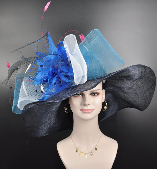Wide Brim Navy Sinamay Kentucky Derby Hat, Teal Blue Feather Flower
