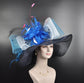 Wide Brim Sinamay Hat, Kentucky Derby Hat, Church hat, Tea Party Hat, Custom hat, Formal Hat, Fashion Hat Navy Blue w Teal Blue White Pink