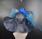Wide Brim Navy Sinamay Kentucky Derby Hat, Teal Blue Feather Flower