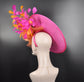 Hot Pink Sinamay DerbyFascinator Hat, Orange Silk Flowers