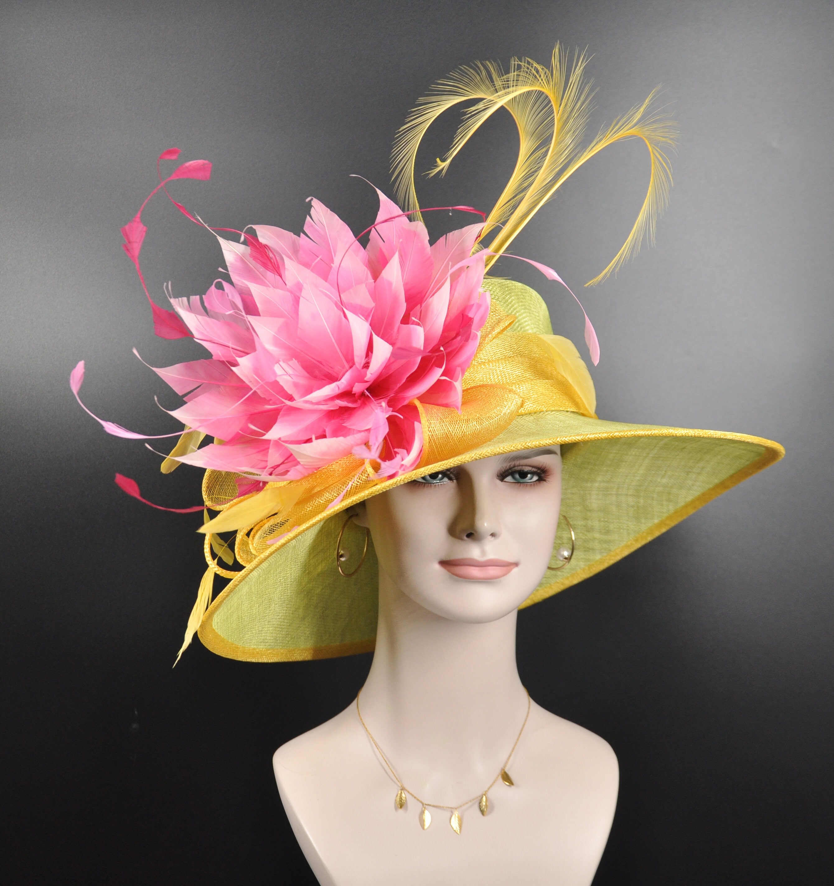 Wide Brim Sinamay Kentucky Derby Hat, Pink Floral Feather – Miss Race ...