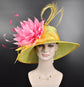 Lime Green Lemon Yellow  Pink Wide Brim Sinamay Hat Church Kentucky Derby Hat  Tea Party Wedding Royal Ascot Hat Horse Race Oaks day hat
