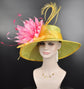 Lime Green Lemon Yellow  Pink Wide Brim Sinamay Hat Church Kentucky Derby Hat  Tea Party Wedding Royal Ascot Hat Horse Race Oaks day hat