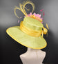 Lime Green Lemon Yellow  Pink Wide Brim Sinamay Hat Church Kentucky Derby Hat  Tea Party Wedding Royal Ascot Hat Horse Race Oaks day hat