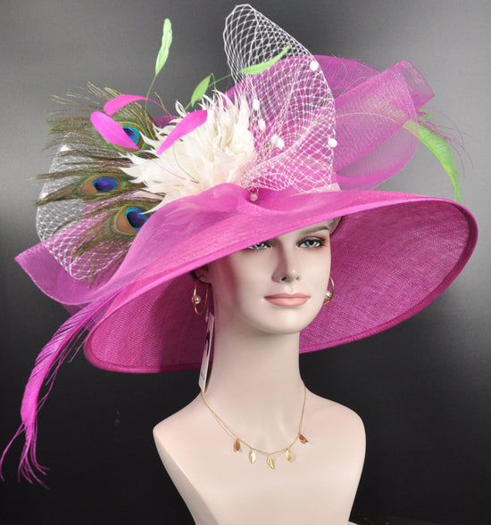 Wide Brim Sinamay Kentucky Derby Hat: Hot Pink Feather Flower Church Hat