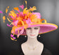 Sinamay Kentucky Derby Hat: Hot Pink Feather Flower Wide Brim