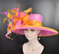 Sinamay Derby Hat: Hot Pink Feather Flower Wide Brim