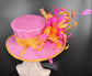Sinamay Derby Hat: Hot Pink Feather Flower Wide Brim