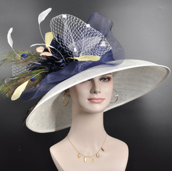 Wide Brim Sinamay Kentucky Derby Hat: White, Navy, Peach Feathers