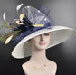 Wide Brim Sinamay Kentucky Derby Hat: White, Navy, Peach Feathers