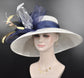 Wide Brim Sinamay Kentucky Derby Hat: White, Navy, Peach Feathers