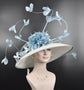 Wide Brim Derby Hat: White & Powder Blue Feathered Ascot Hat