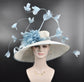 Wide Brim Derby Hat: White & Powder Blue Feathered Ascot Hat
