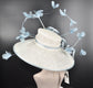 Wide Brim Derby Hat: White & Powder Blue Feathered Ascot Hat