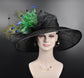 Kentucky Derby Hat: Black Sinamay Wide Brim with Green Flower & Peacock Feathers