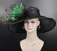 Kentucky Derby Hat: Black Sinamay Wide Brim with Green Flower & Peacock Feathers