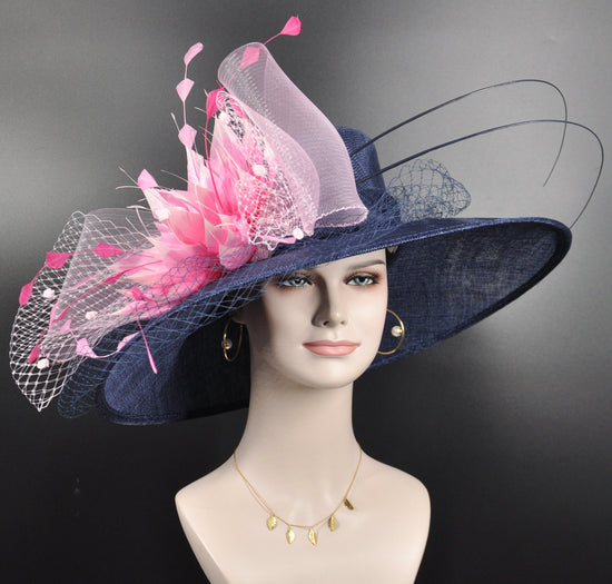 Wide Brim Sinamay Kentucky Derby Hat: Navy Blue with Pink Flower