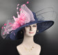 Wide Brim Sinamay Kentucky Derby Hat: Navy Blue with Pink Flower