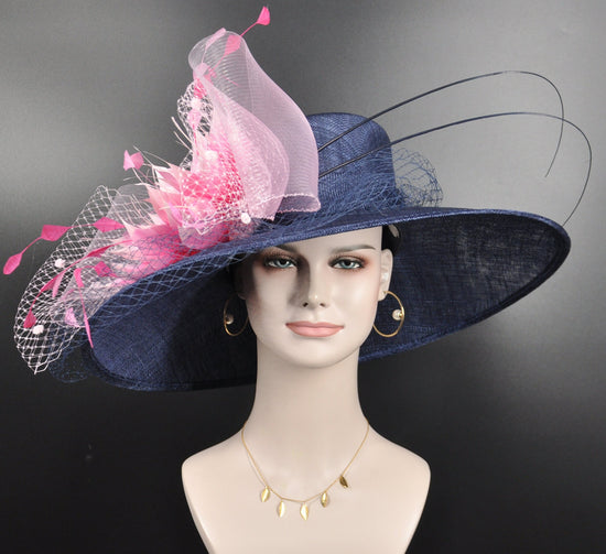 Wide Brim Sinamay Derby Hat: Navy Blue with Pink Flower