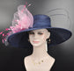Wide Brim Sinamay Kentucky Derby Hat: Navy Blue with Pink Flower