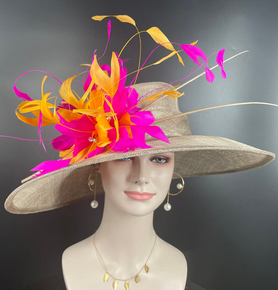 Wide Brim Sinamay Derby Hat: Feather Flower, Fuchsia & Orange