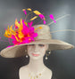 Wide Brim Sinamay Derby Hat: Feather Flower, Fuchsia & Orange