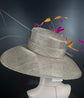 Wide Brim Sinamay Derby Hat: Feather Flower, Fuchsia & Orange