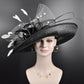 Sinamay Kentucky Derby Hat: Black Wide Brim Feather Ascot Hat