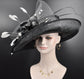 Sinamay Kentucky Derby Hat: Black Wide Brim Feather Ascot Hat