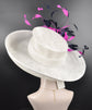 Church Kentucky Derby Hat Carriage Tea Party Wedding Wide Brim Sinamay Hat White W Navy Blue Fuchsia Feather Flower