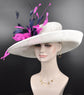 Church Kentucky Derby Hat Carriage Tea Party Wedding Wide Brim Sinamay Hat White W Navy Blue Fuchsia Feather Flower
