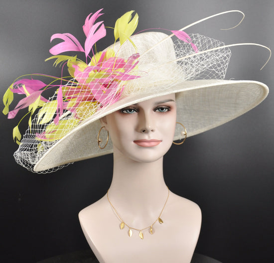 Wide Brim Sinamay Derby Hat: Feather Flower Royal Ascot Hat
