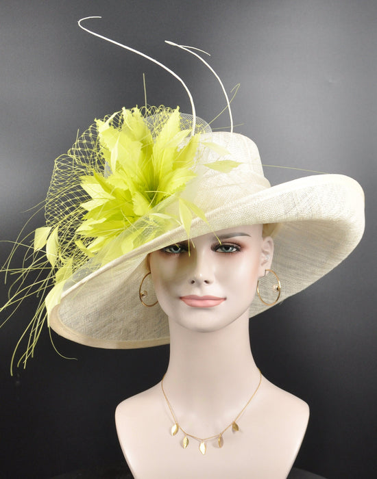 Church Kentucky Derby Hat Carriage Tea Party Wedding Hat Royal Ascot Horse Race Oaks day hat Off White w Lime Green( More colors options)