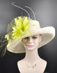 Church Kentucky Derby Hat Carriage Tea Party Wedding Hat Royal Ascot Horse Race Oaks day hat Off White w Lime Green( More colors options)