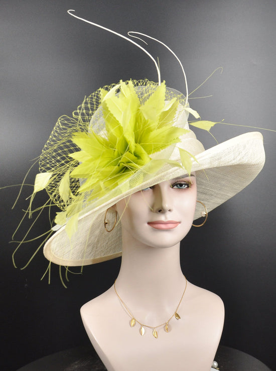 Church Kentucky Derby Hat Carriage Tea Party Wedding Hat Royal Ascot Horse Race Oaks day hat Off White w Lime Green( More colors options)