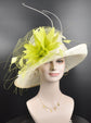 Church Kentucky Derby Hat Carriage Tea Party Wedding Hat Royal Ascot Horse Race Oaks day hat Off White w Lime Green( More colors options)