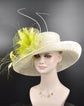Church Kentucky Derby Hat Carriage Tea Party Wedding Hat Royal Ascot Horse Race Oaks day hat Off White w Lime Green( More colors options)