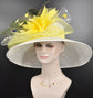 Church Kentucky Derby Hat Wide Brim Sinamay Hat  Carriage Tea Party Wedding  White with Yellow Peacock Feathers