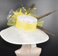 Church Kentucky Derby Hat Wide Brim Sinamay Hat  Carriage Tea Party Wedding  White with Yellow Peacock Feathers