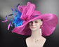 Wide Brim Sinamay Kentucky Derby Hat: Fuchsia, Teal, Blue Feather Flower