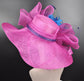 Wide Brim Sinamay Kentucky Derby Hat: Fuchsia, Teal, Blue Feather Flower