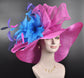Wide Brim Sinamay Kentucky Derby Hat: Fuchsia, Teal, Blue Feather Flower