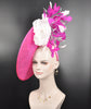 Hot Pink Sinamay Fascinator Hat: Silk & Feather Flowers, Derby Tea Party Headwear