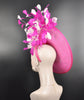Hot Pink Sinamay Fascinator Hat: Silk & Feather Flowers, Derby Tea Party Headwear